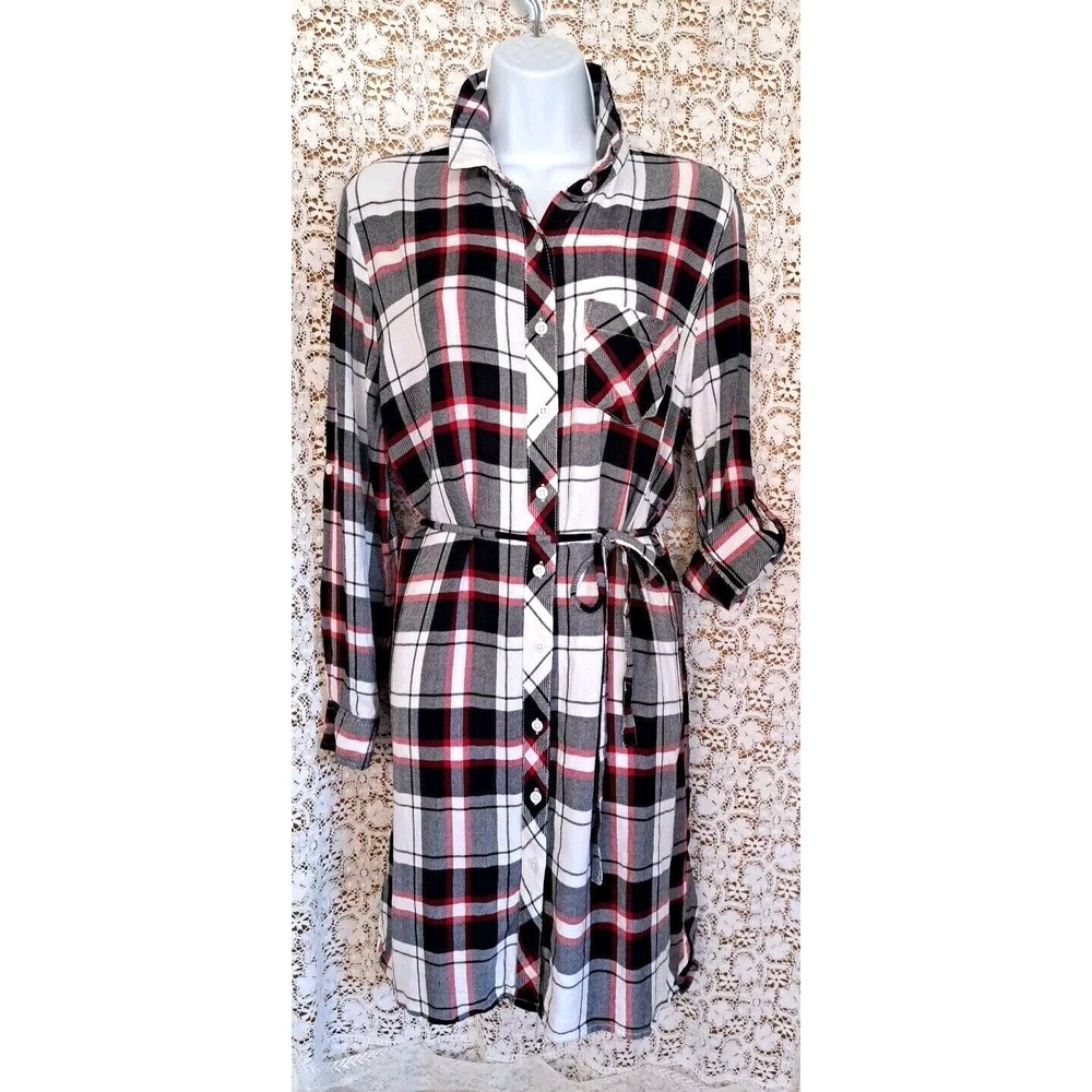 BLL nyc Shirt Dress Size M Button Up Red White Blue Plaid Roll Tab Sleeve Tie